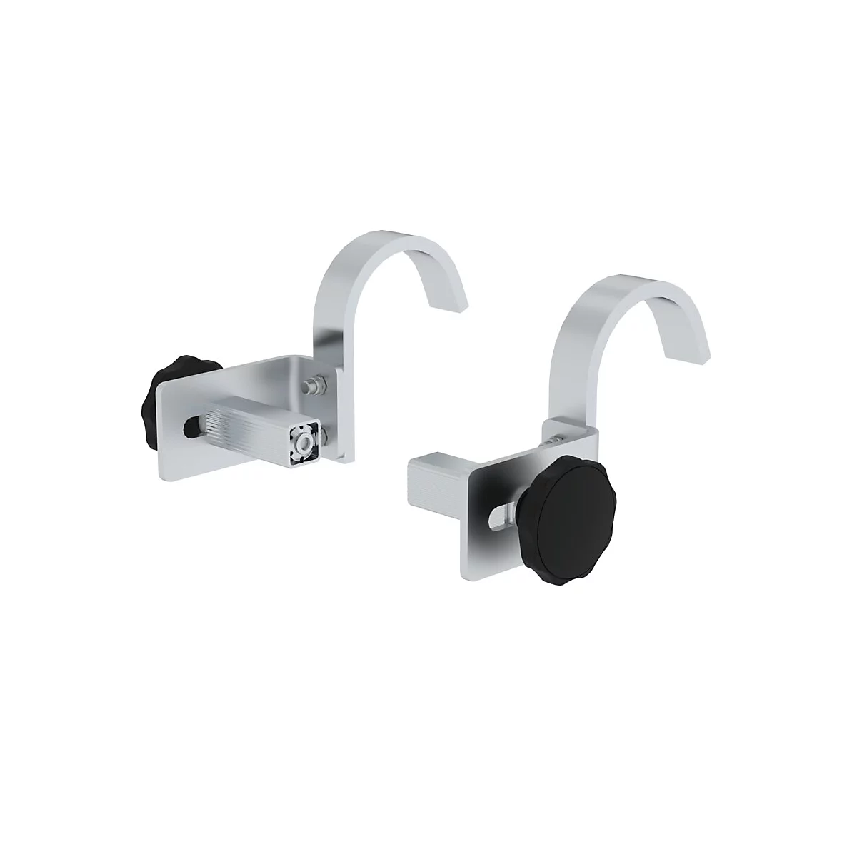 Twee metalen beugels met gebogen haken en zwarte knoppen.