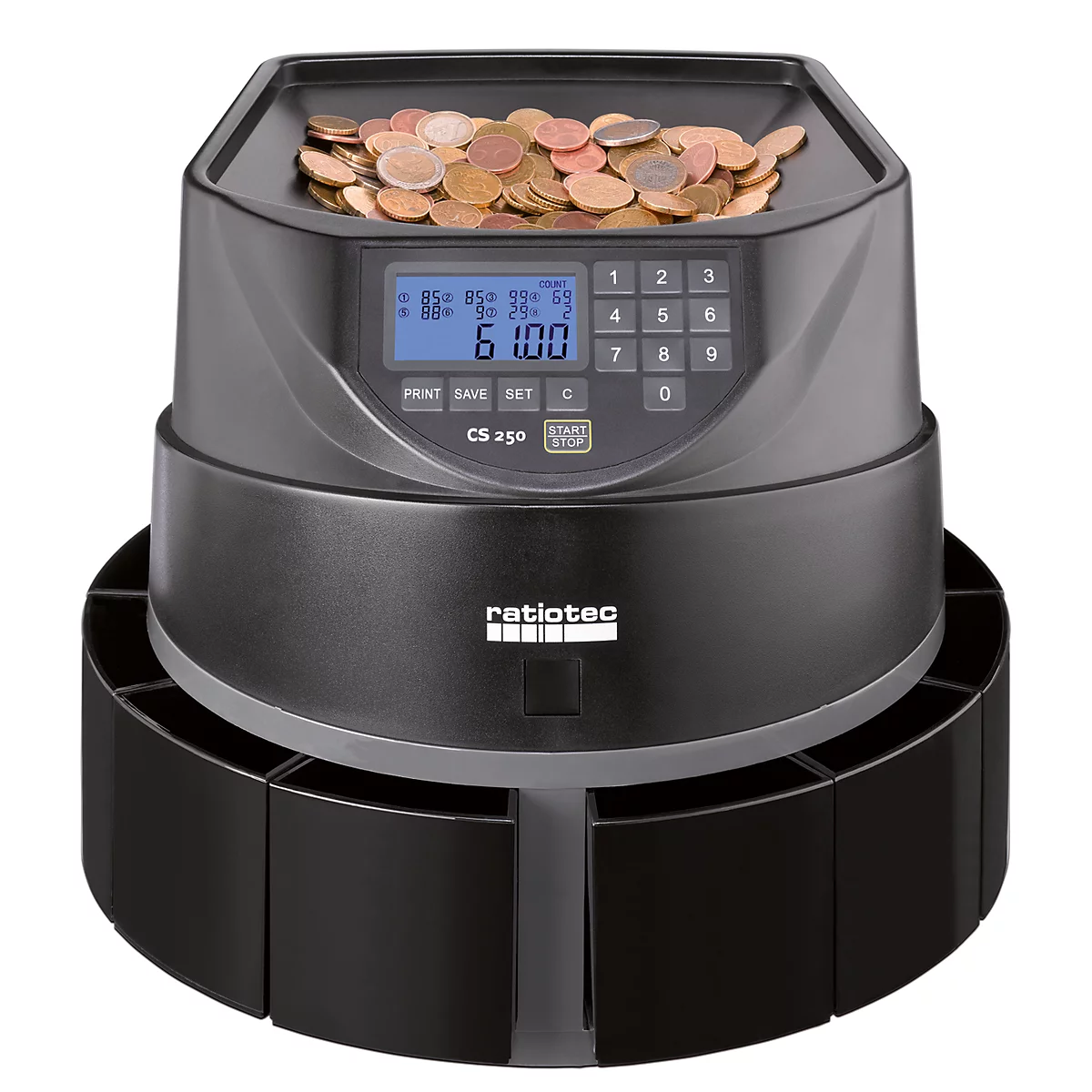 Muntenteller Ratiotec Coinsorter CS250, telt & sorteert tot 550 Euromunten/min, met bundelfunctie