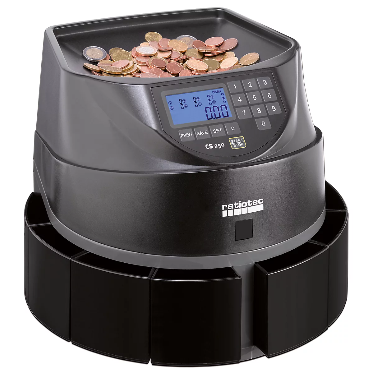 Muntenteller Ratiotec Coinsorter CS250, telt & sorteert tot 550 Euromunten/min, met bundelfunctie