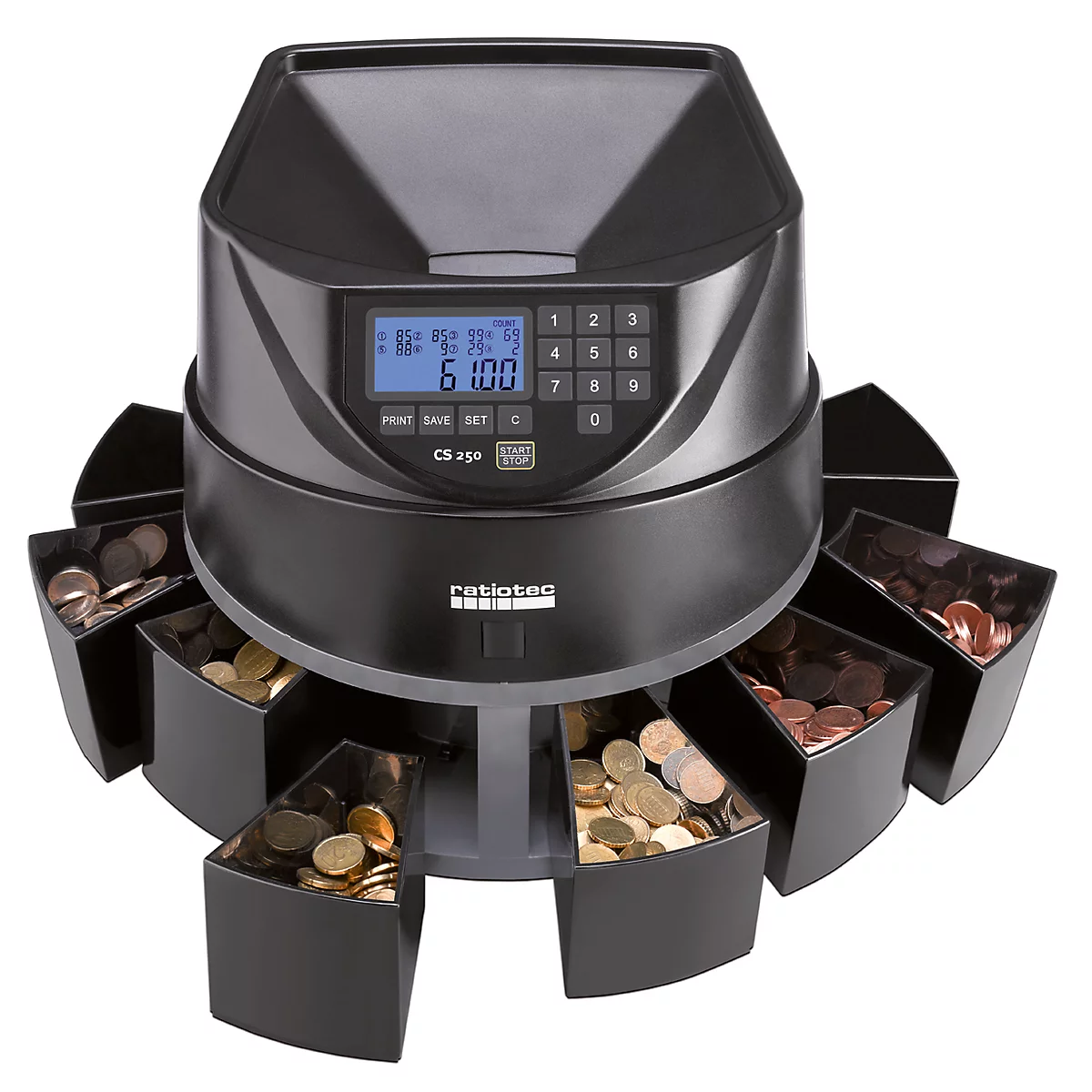 Muntenteller Ratiotec Coinsorter CS250, telt & sorteert tot 550 Euromunten/min, met bundelfunctie