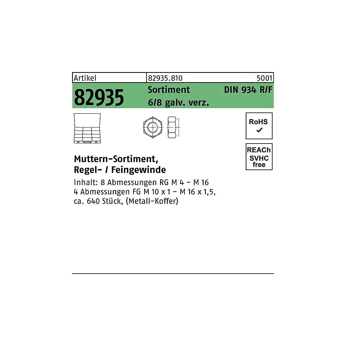 Muttersortiment DIN 934, 40-teilig, Regel-/Feingewinde, galvanisch verzinkt, 1 Stück