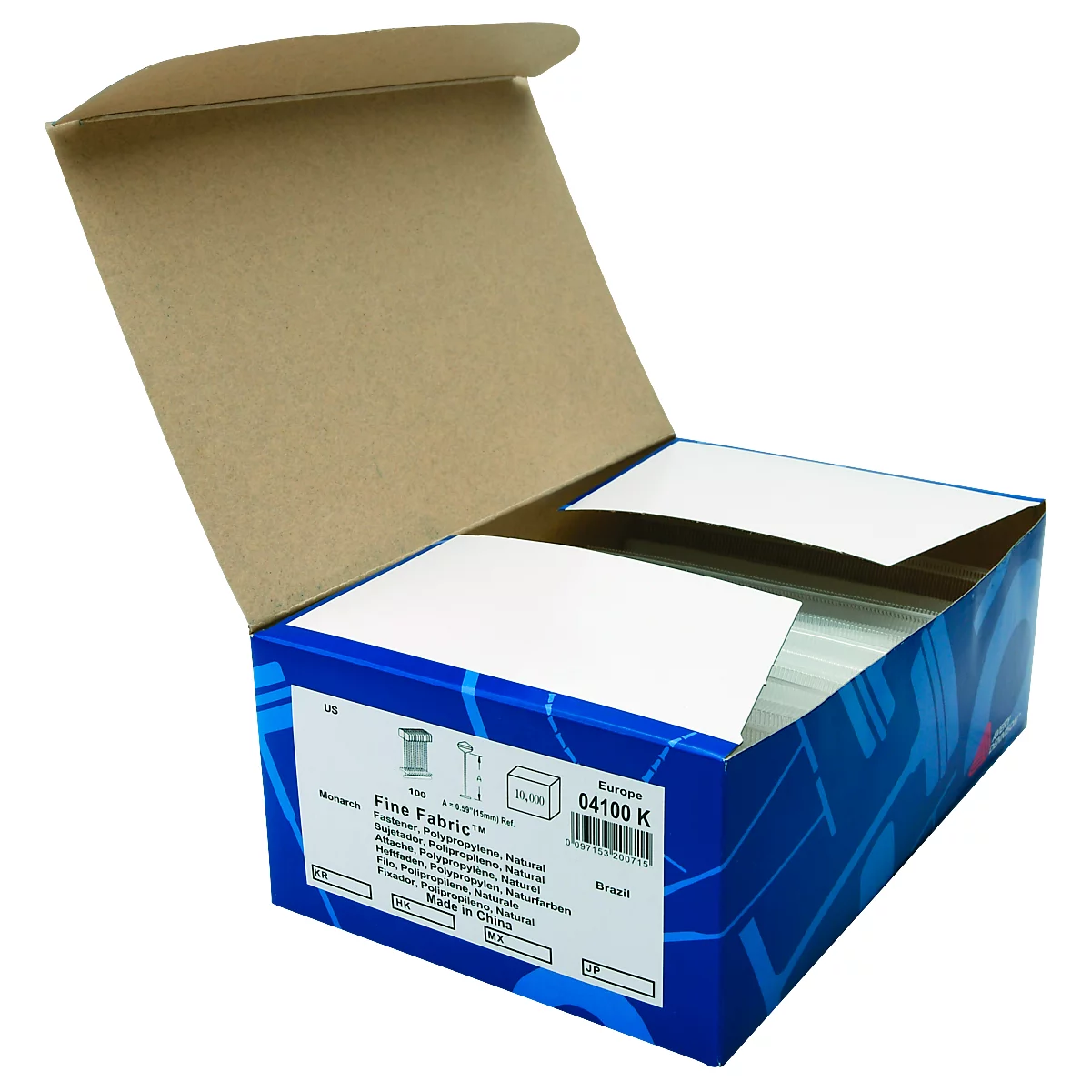 Open blauwe doos met witte kaarten. Op de doos staat "Fine Fabric" en een barcode.