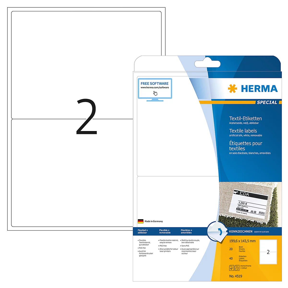 Naam- en textieletiketten Herma, A4, 199,6 x 143,5 mm, te bedrukken, met rand, 40 stuks