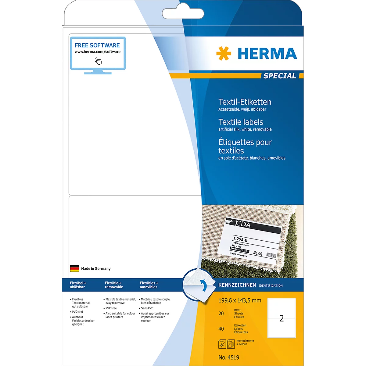 Naam- en textieletiketten Herma, A4, 199,6 x 143,5 mm, te bedrukken, met rand, 40 stuks