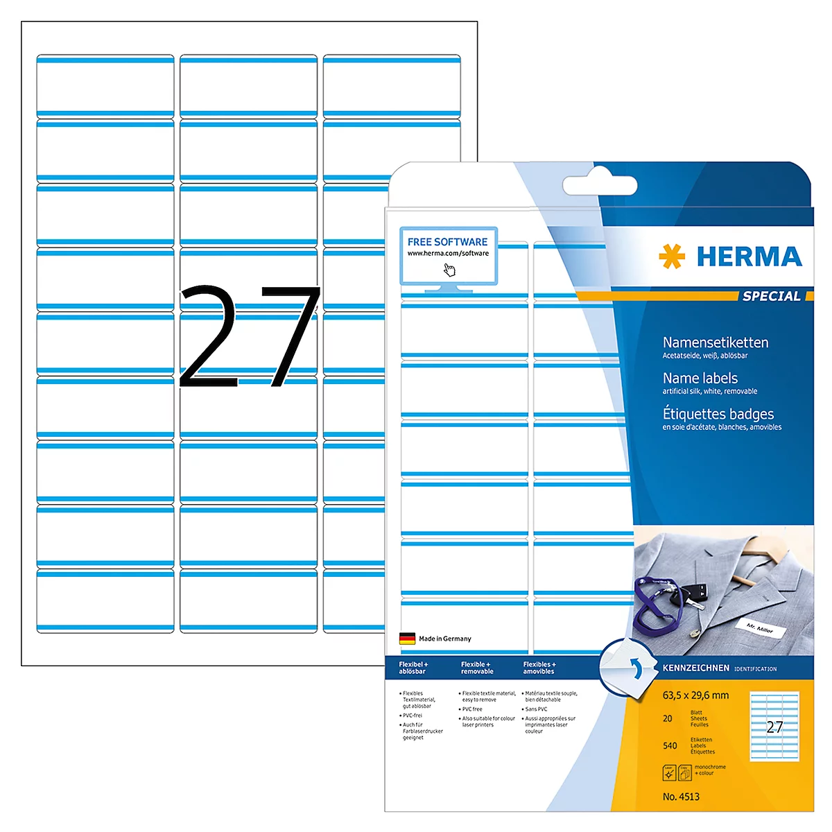Sheets of labels and a package of name labels. Inscription: "27". Blue lines on white background.