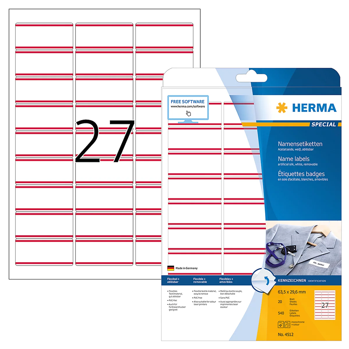 A package of name labels, next to it a sheet of 27 labels. Package with red pattern and blue, white lettering. Name tag on jacket.