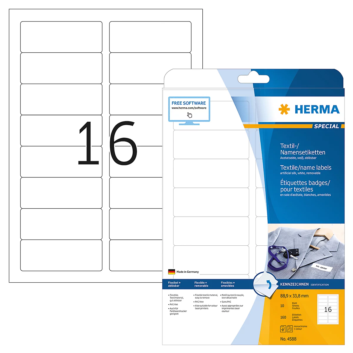 A sheet of 16 labels and a packet of name labels are on a white background. Text on the packet: HERMA, Textile name labels, etc.