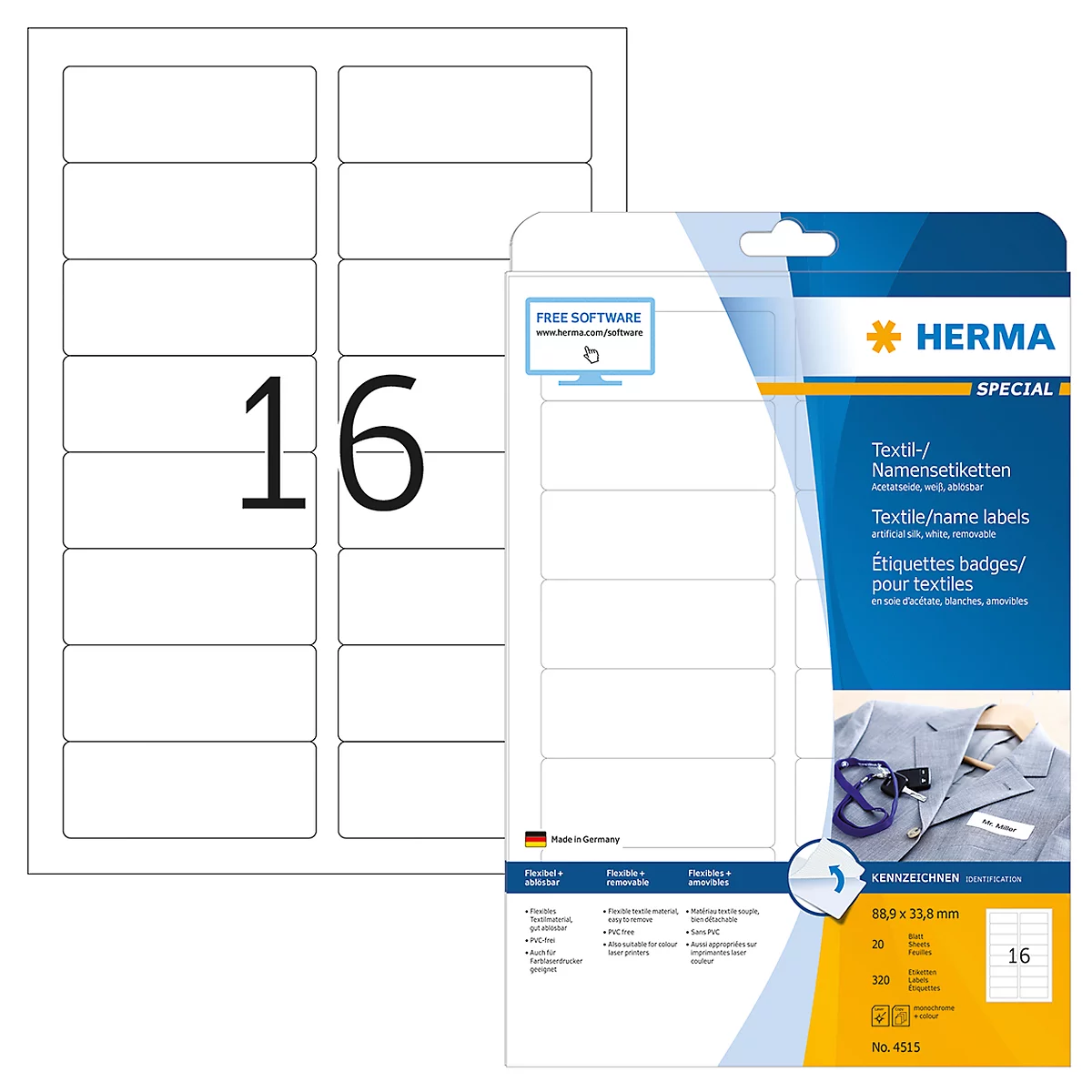 Sheet of labels and packaging with textile name labels. Printed: 16.