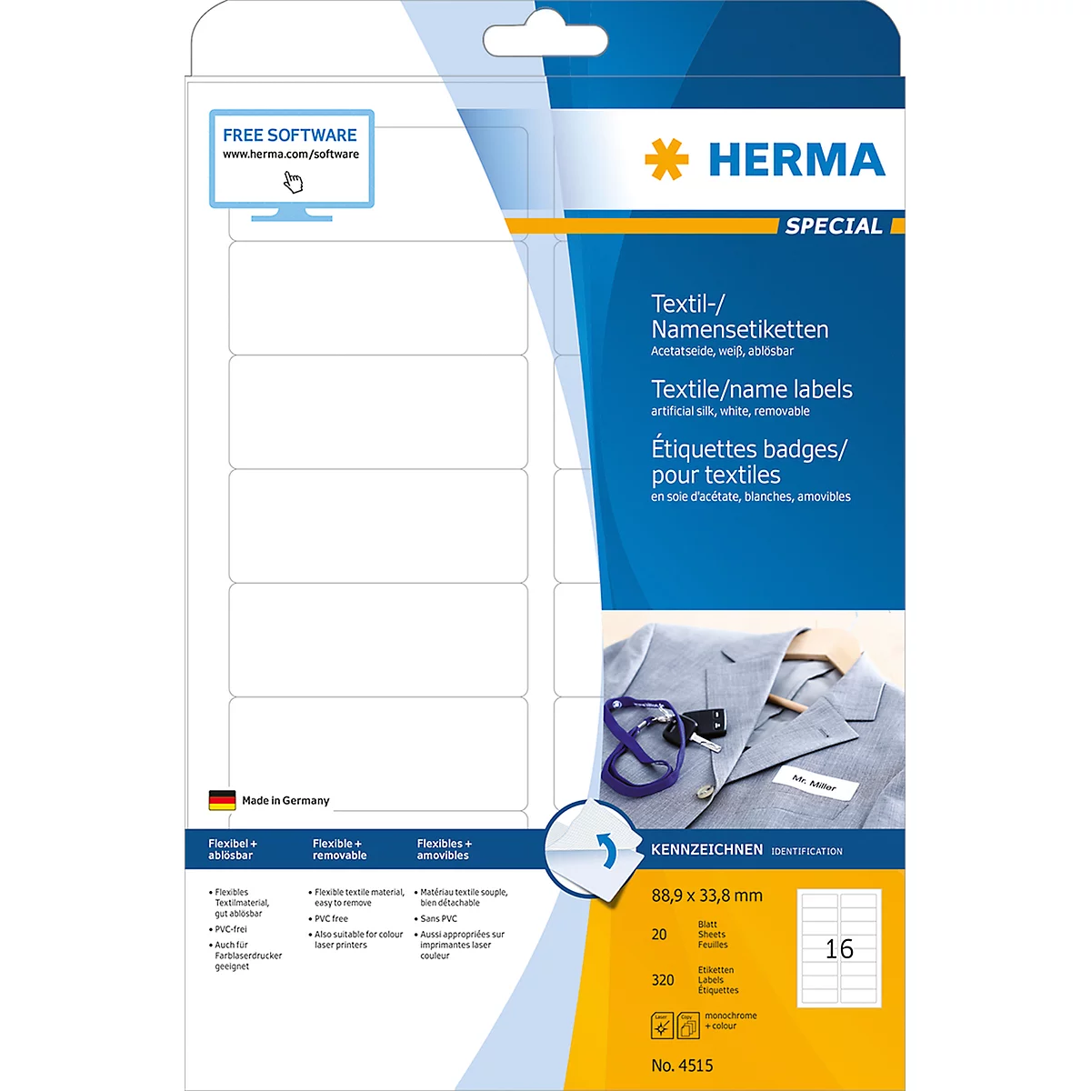 Product packaging with name labels, text in German, English and French, with pictured jacket.