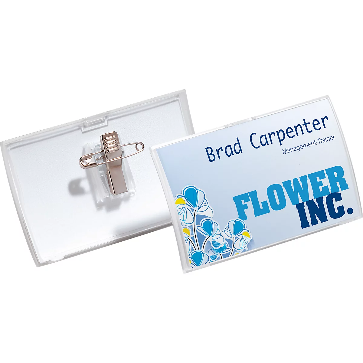 Two name badges. One with "Brad Carpenter, Management Trainer" and "FLOWER INC." logo.