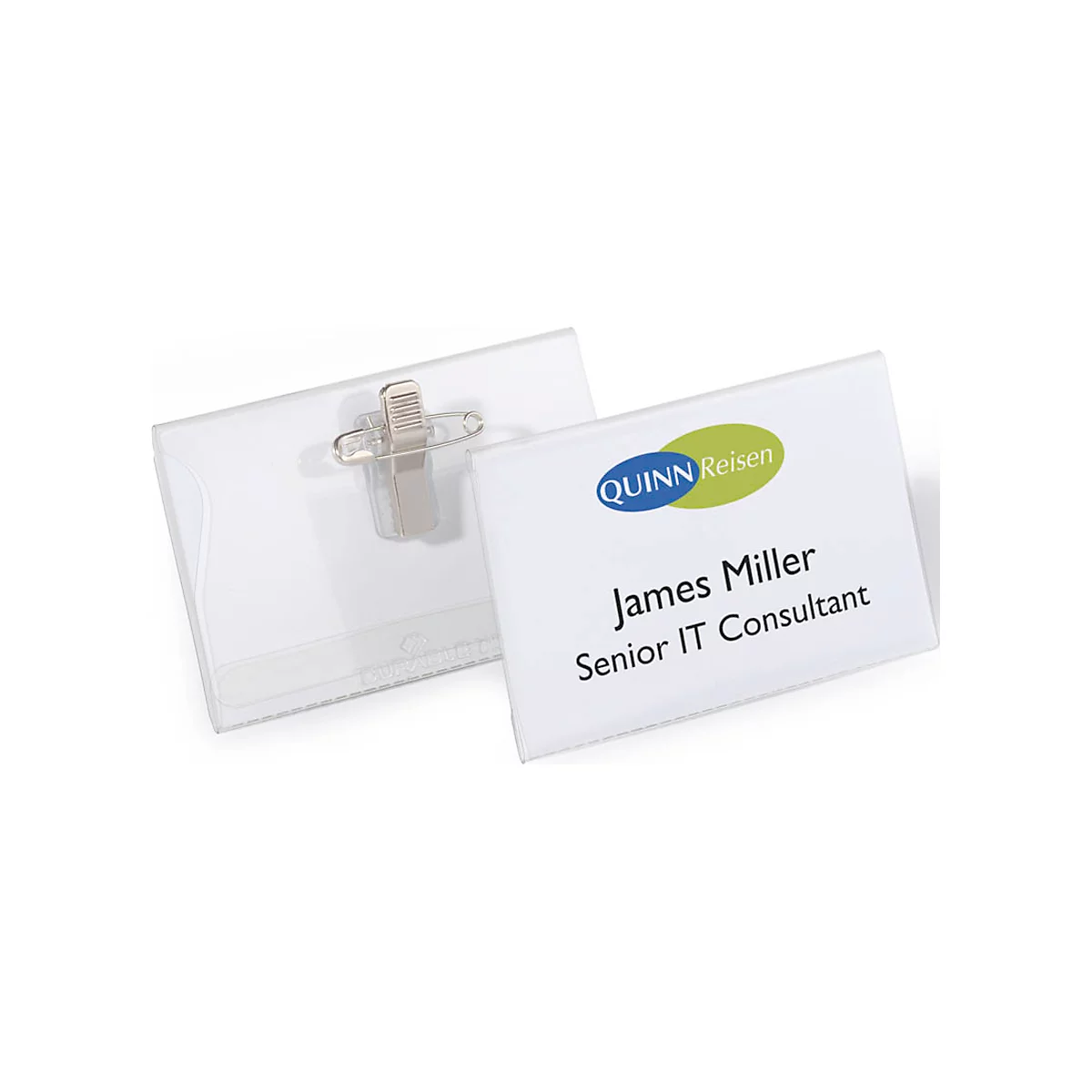 Name badge with "Quinn Reisen" logo, name James Miller, and job title "Senior IT Consultant".