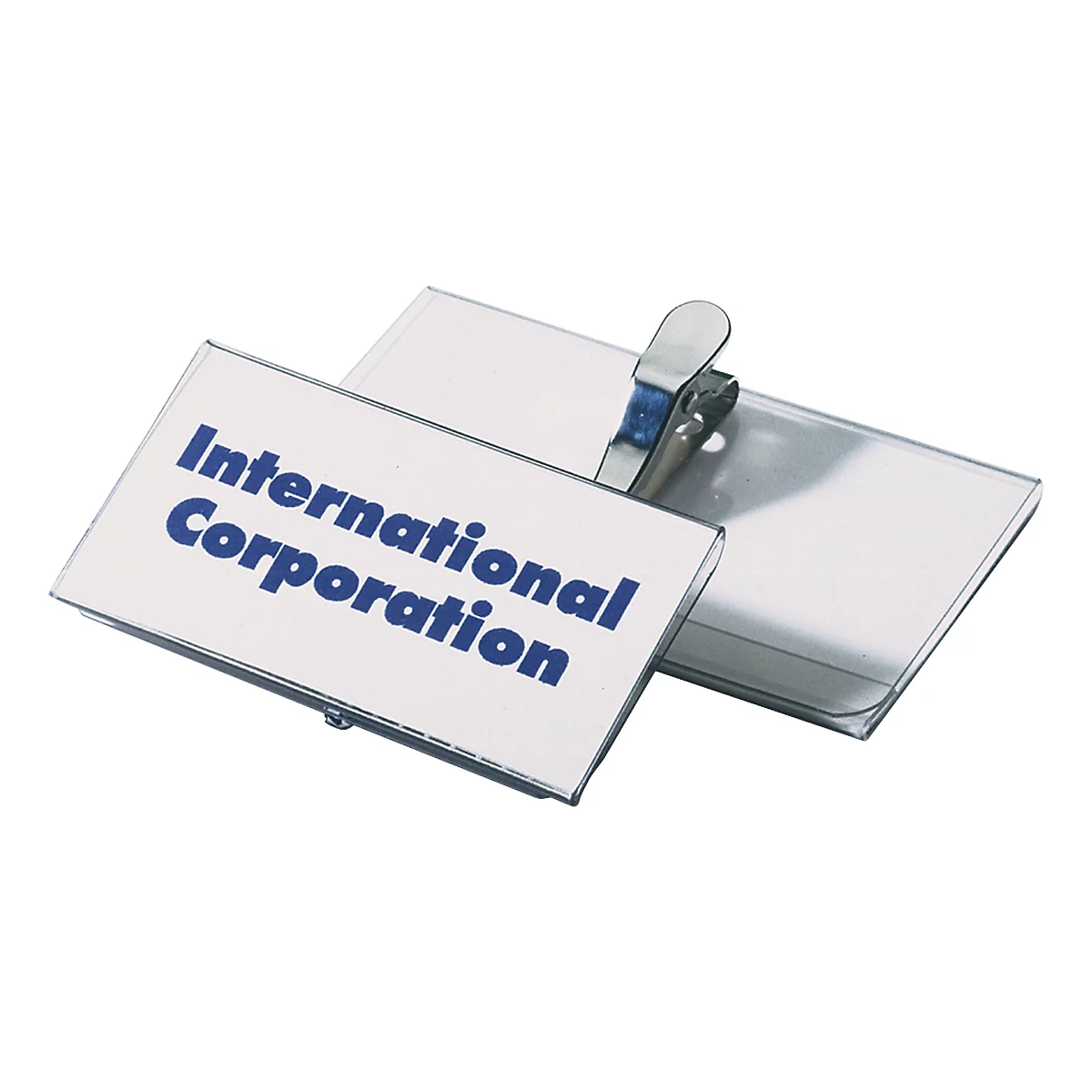 Two name badges with metal clips. One shows "International Corporation" in blue text.
