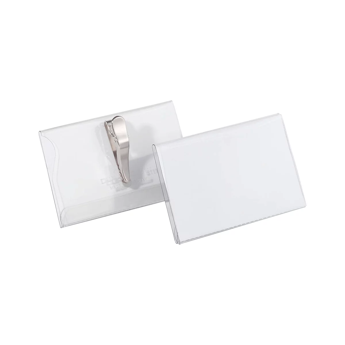 Two transparent name badges with a metal clip on a white background.