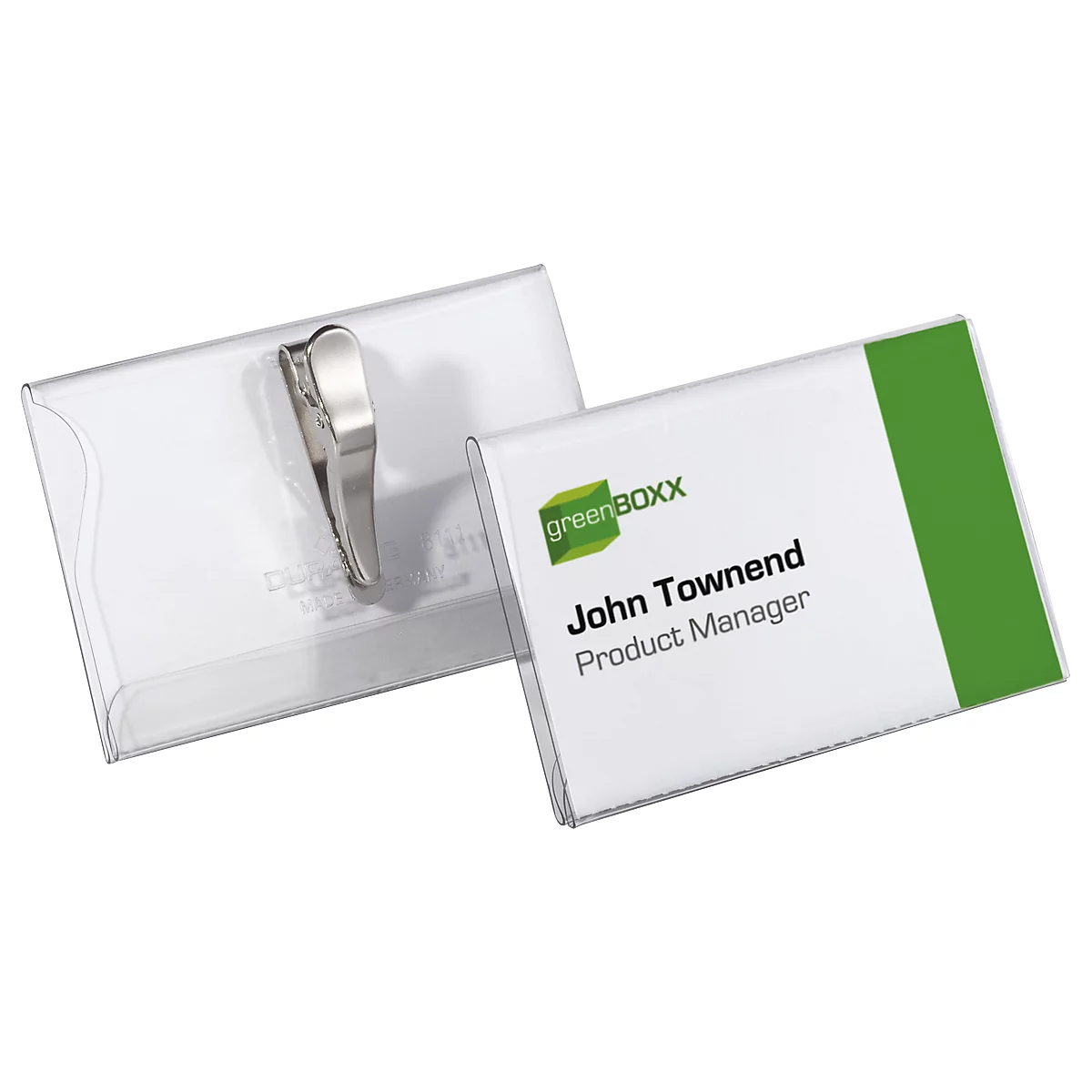 Plastic name badges. One badge shows: John Townend, Product Manager. The other badge has a metal clip.