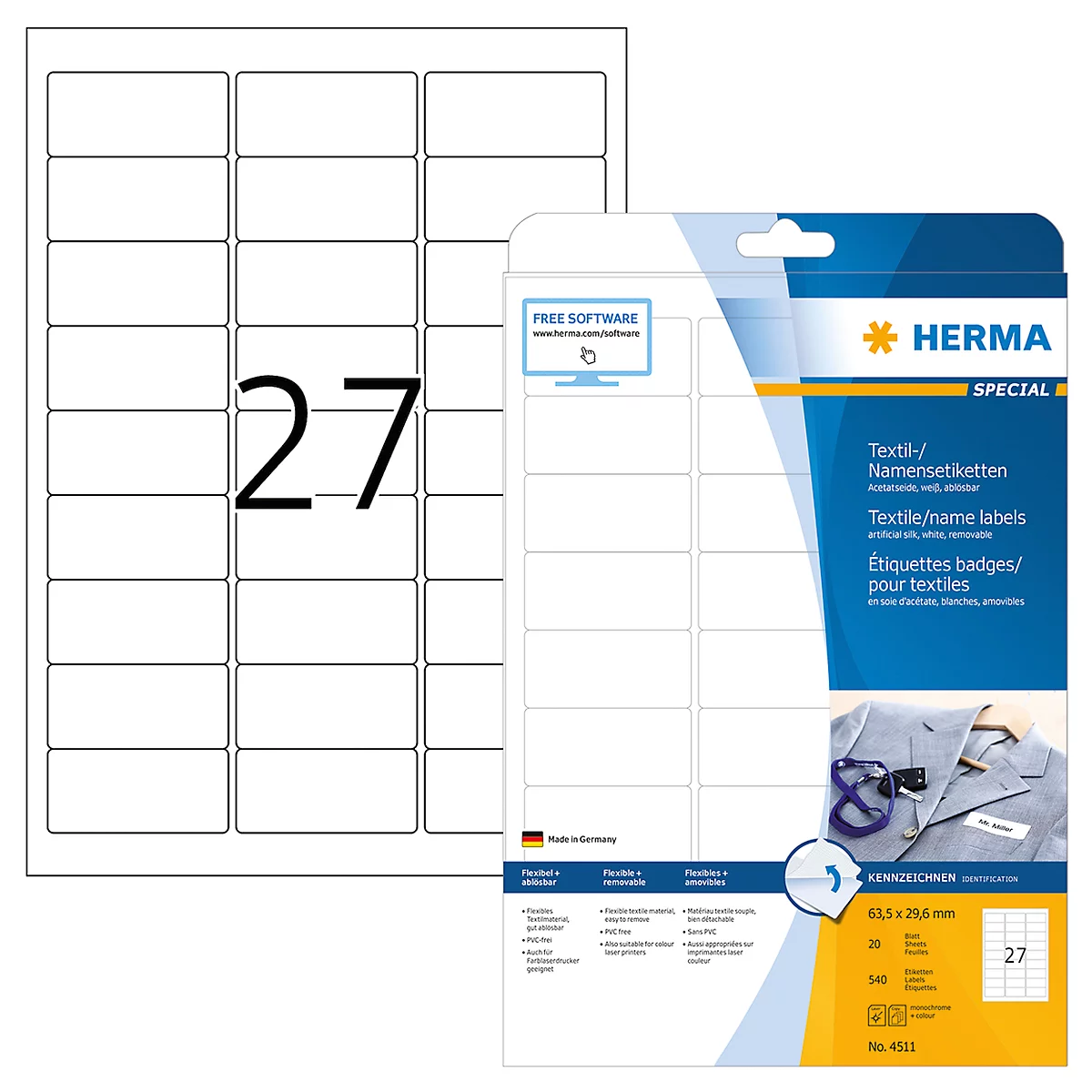 Namens- und Textiletiketten Herma, A4, 63,5 x 29,6 mm, weiß, ohne Streifen, 540 Stück