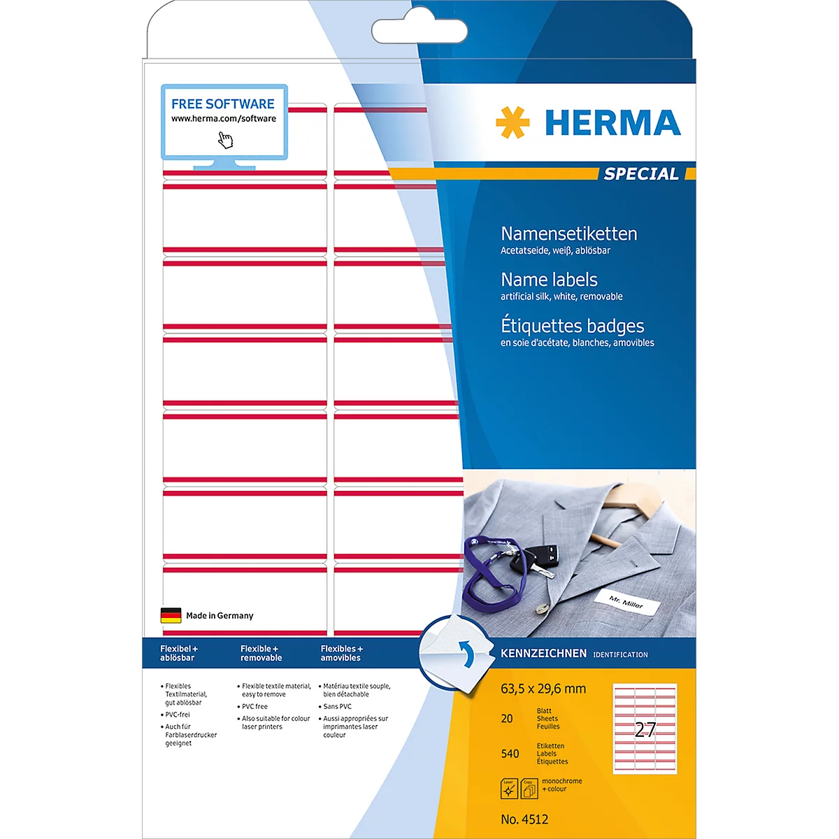 Namens- und Textiletiketten Herma, A4, 63,5 x 29,6 mm, weiß, rote Streifen, 540 Stück