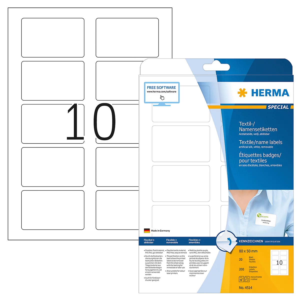 Namens- und Textiletiketten Herma, A4, 80 x 50 mm, selbstklebend, ohne Rand, 200 Stück