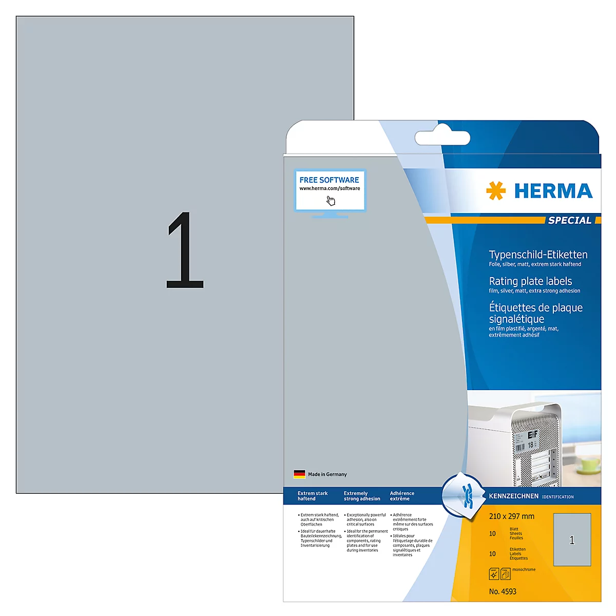 Grey label sheet with black '1'. Next to it a package with product information and the 'HERMA' logo.