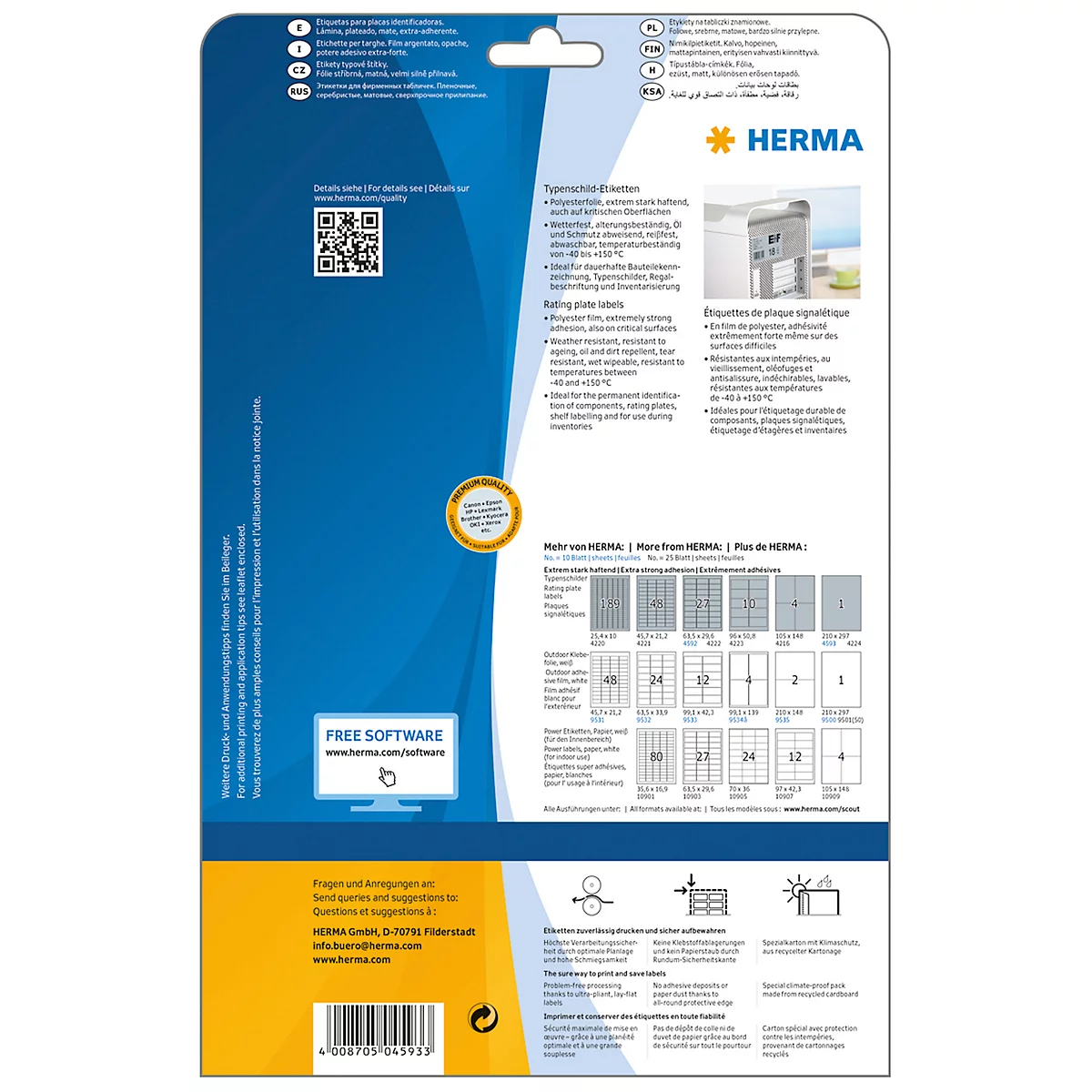 Back of a package with Herma logo. Text about labels, QR code, free software, label templates.