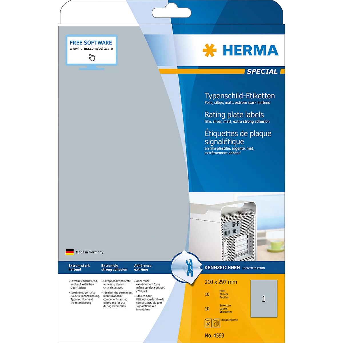 Packaging of Herma labels. The package is blue and yellow, with product information and the Herma logo.