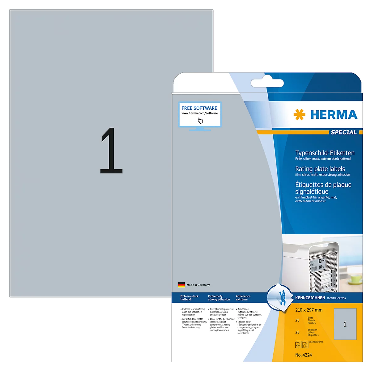 Gray labels with black '1' next to packaging. Inscription: HERMA Special rating plate labels.