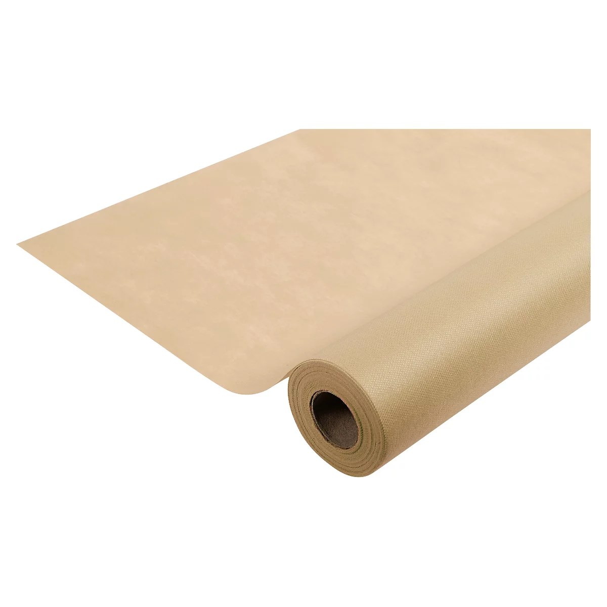 Rouleau de papier d'emballage marron, partiellement déroulé. Le papier a une texture rugueuse.