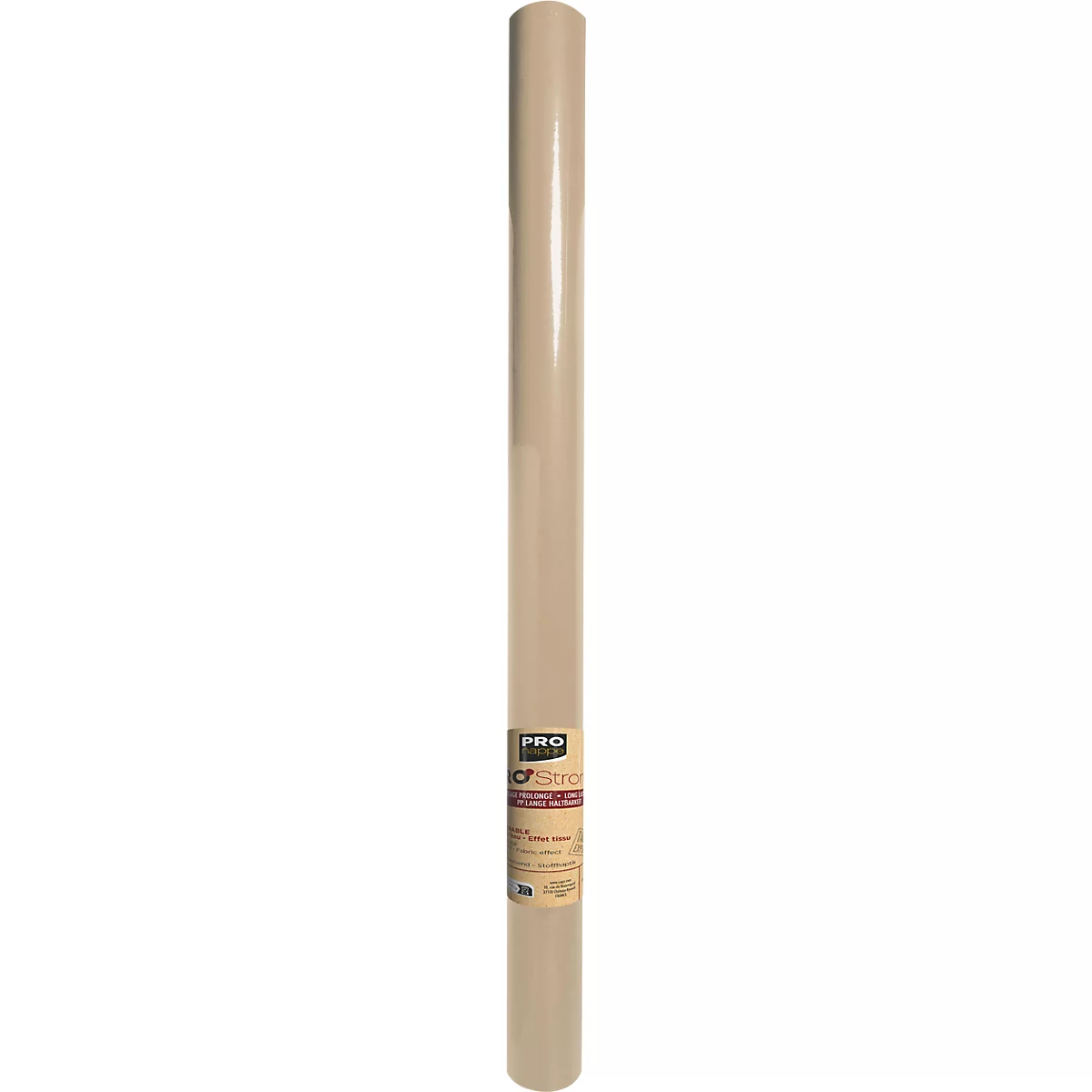 Rouleau de papier beige avec un autocollant en bas.