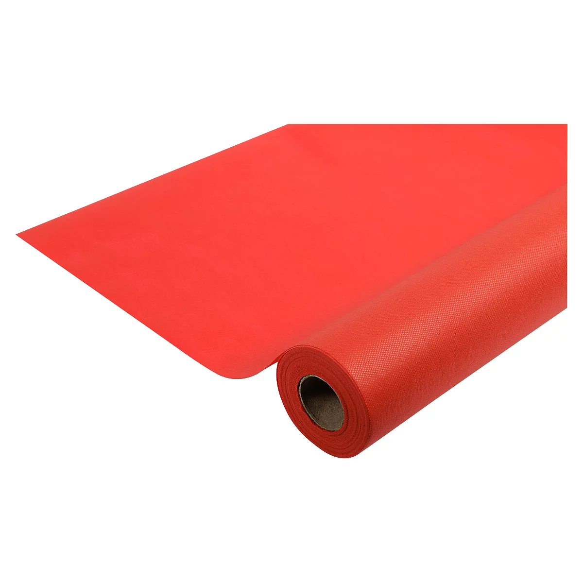 Rouleau de tissu rouge, partiellement déroulé. Le tissu a une légère texture, il est placé sur un fond blanc.