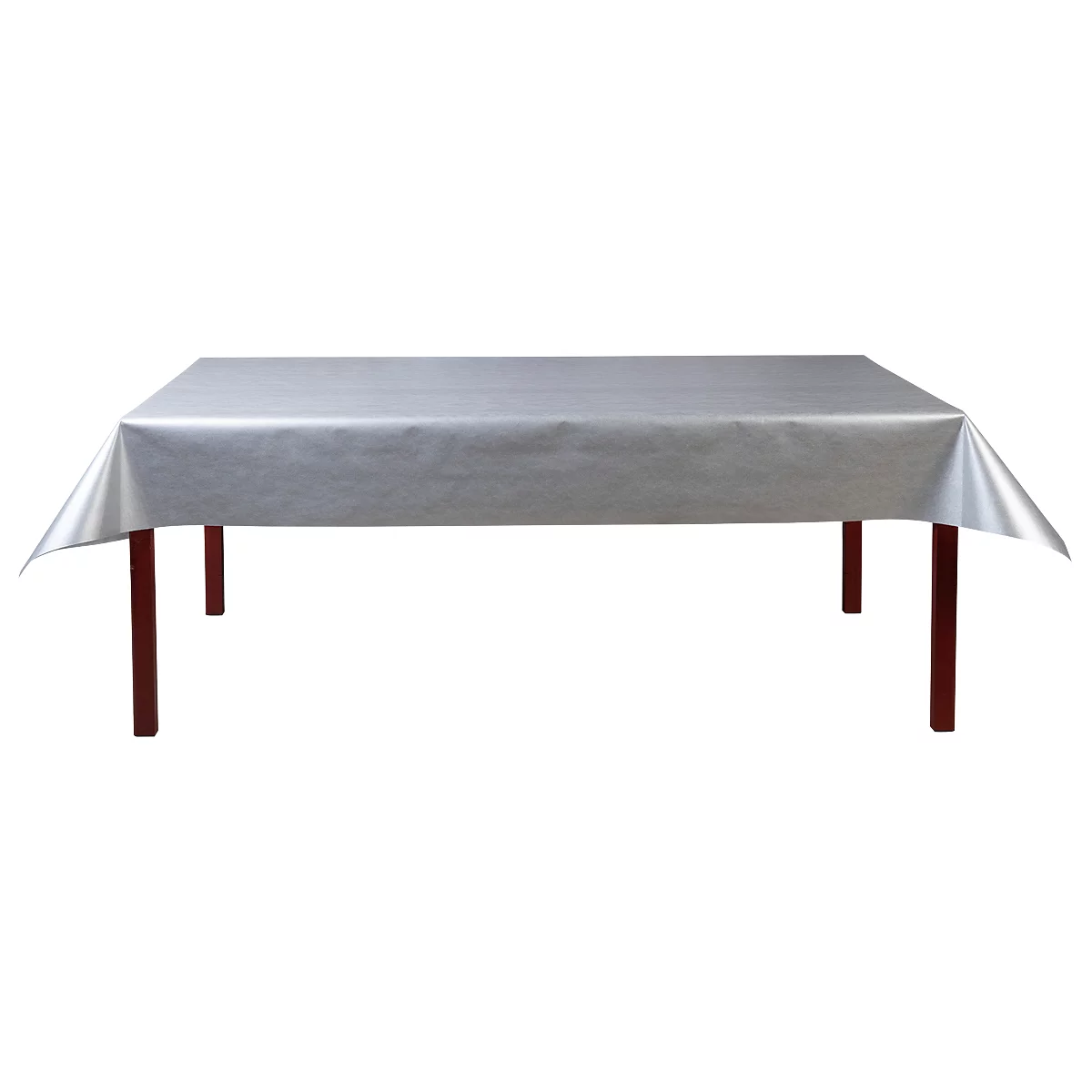 Une table rectangulaire avec une nappe argentée, posée sur des pieds en bois marron.