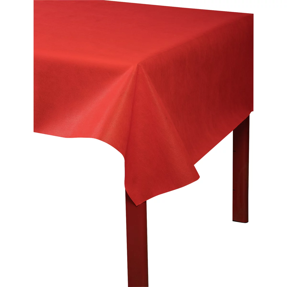 Chemin de table rouge sur une table à pieds en bois. Le coin supérieur gauche du chemin de table est visible.