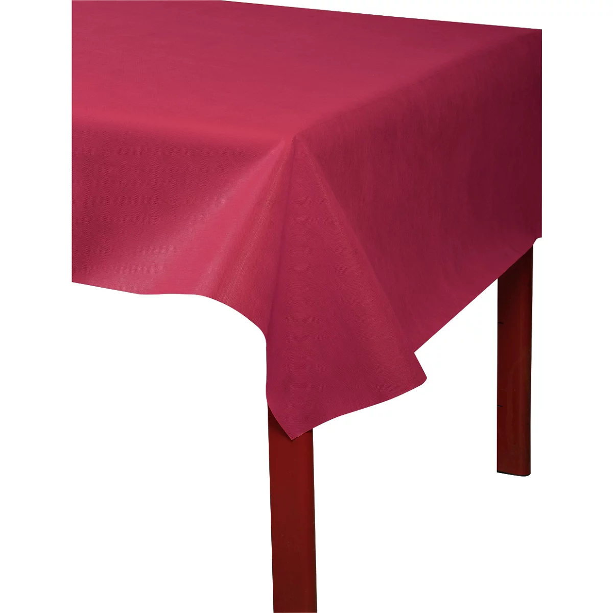 Une nappe rouge recouvre une table, les pieds de la table sont partiellement visibles.