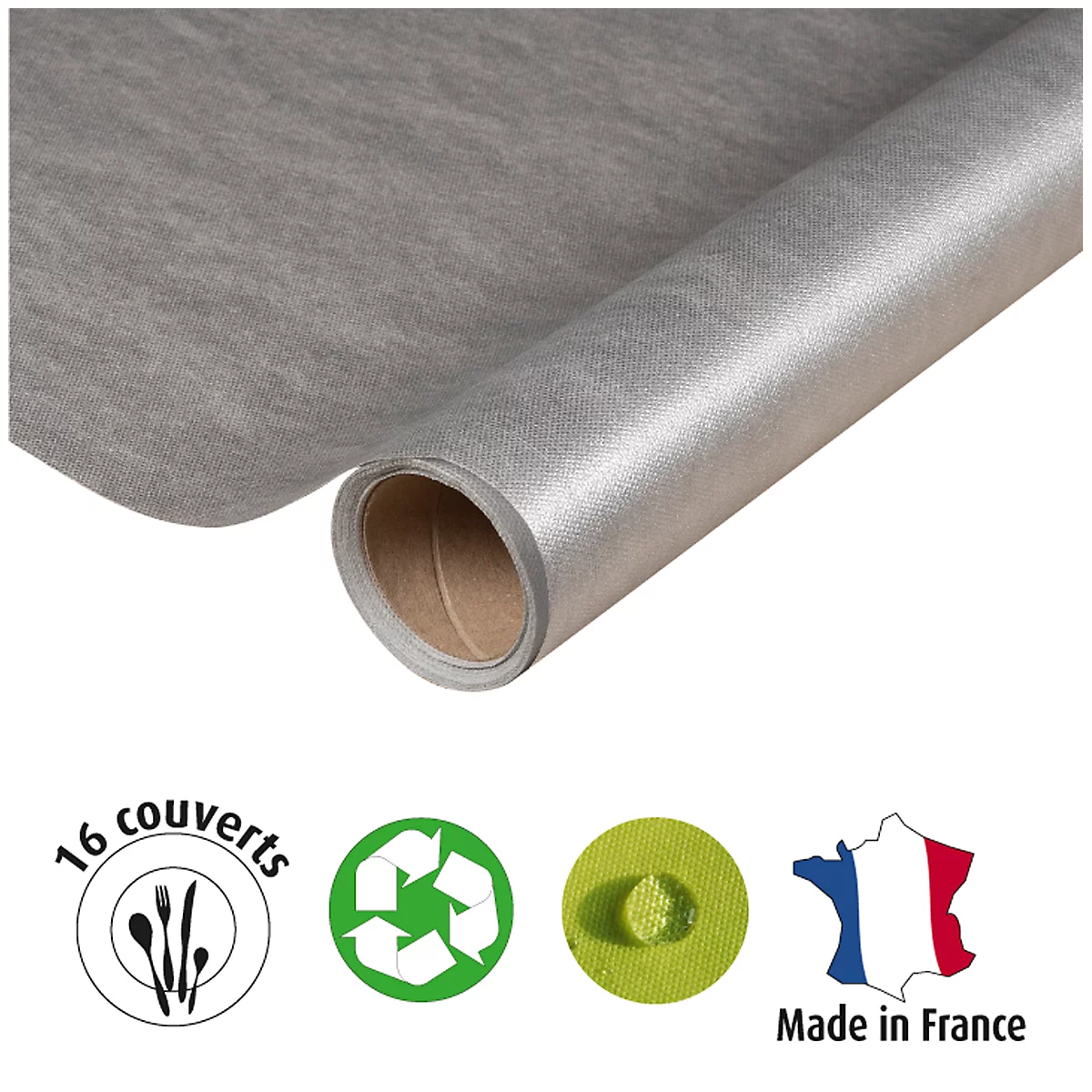 Rouleau de nappe grise. En dessous, icônes pour couverts, recyclage, résistance à l'eau et "Made in France".