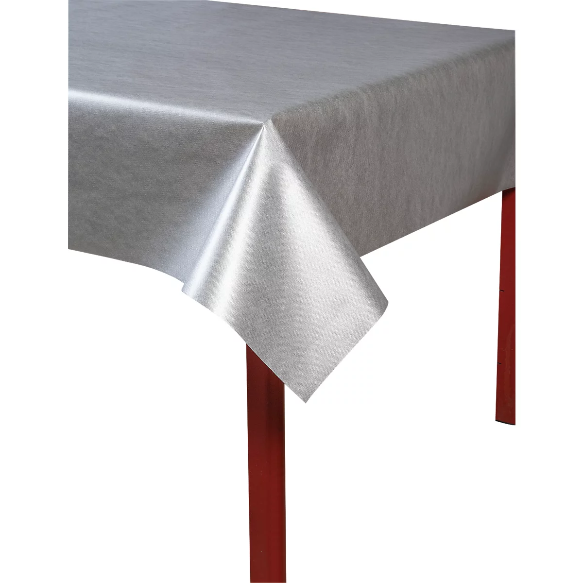 Nappe argentée sur une table à pieds rouges. La nappe est relevée au coin.