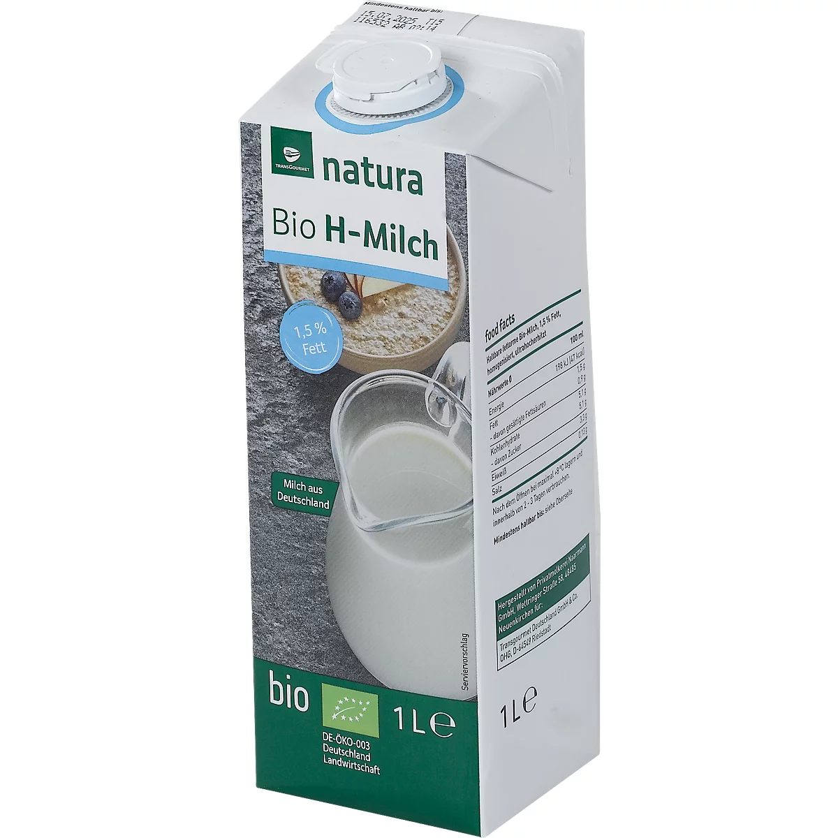 natura Bio H-Milch, Fettgehalt 1,5 %, homogenisiert, ultrahocherhitzt, 12 x 1 l