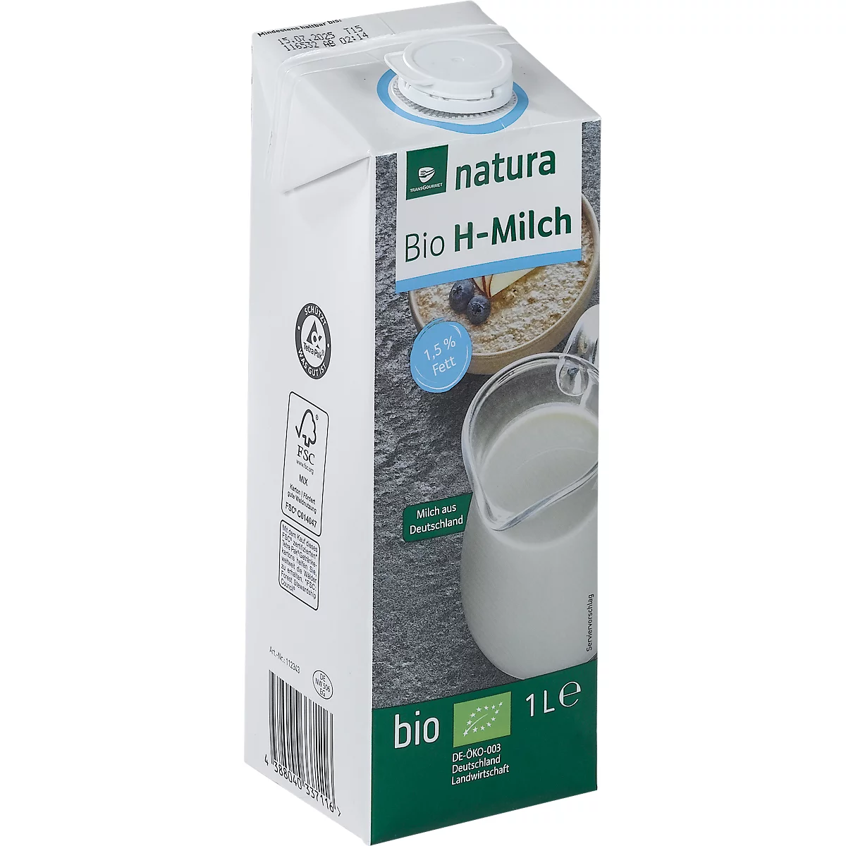natura Bio H-Milch, Fettgehalt 1,5 %, homogenisiert, ultrahocherhitzt, 12 x 1 l