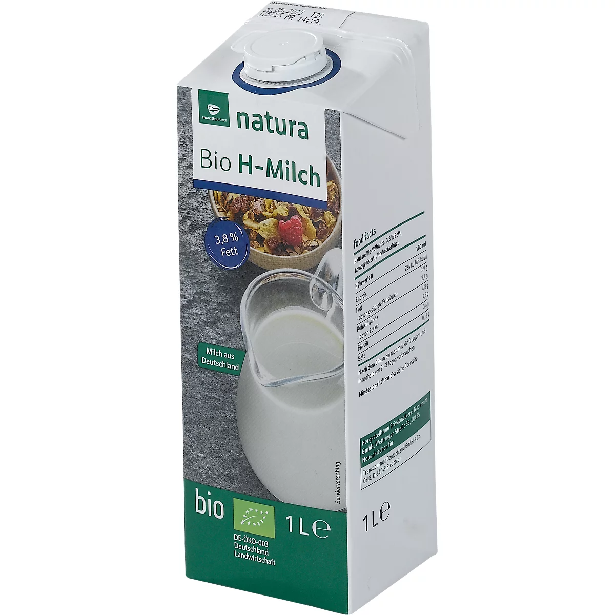 natura Bio H-Vollmilch, Fettgehalt 3,8 %, homogenisiert, ultrahocherhitzt, 12 x 1 l