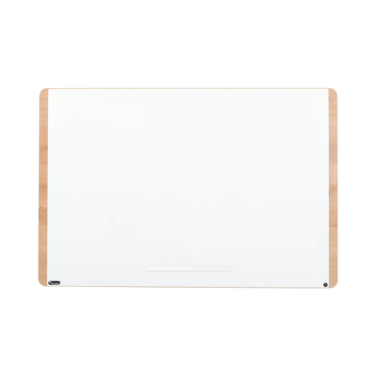 Whiteboard with light wood frame. At the bottom, a narrow shelf.