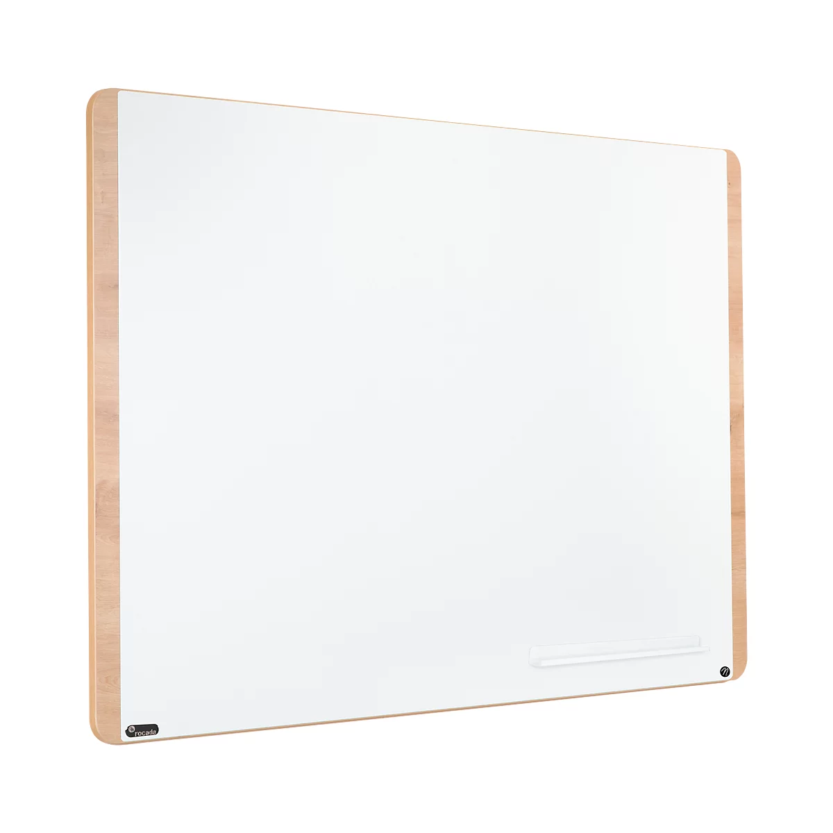 Rectangular white magnetic whiteboard with wooden frame. At the bottom, there is a shelf and brackets.