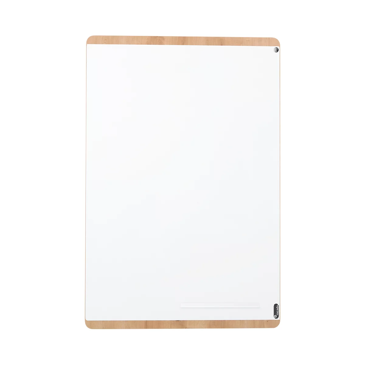 White whiteboard with light wood frame. There is a metal pen hole in the top right corner.