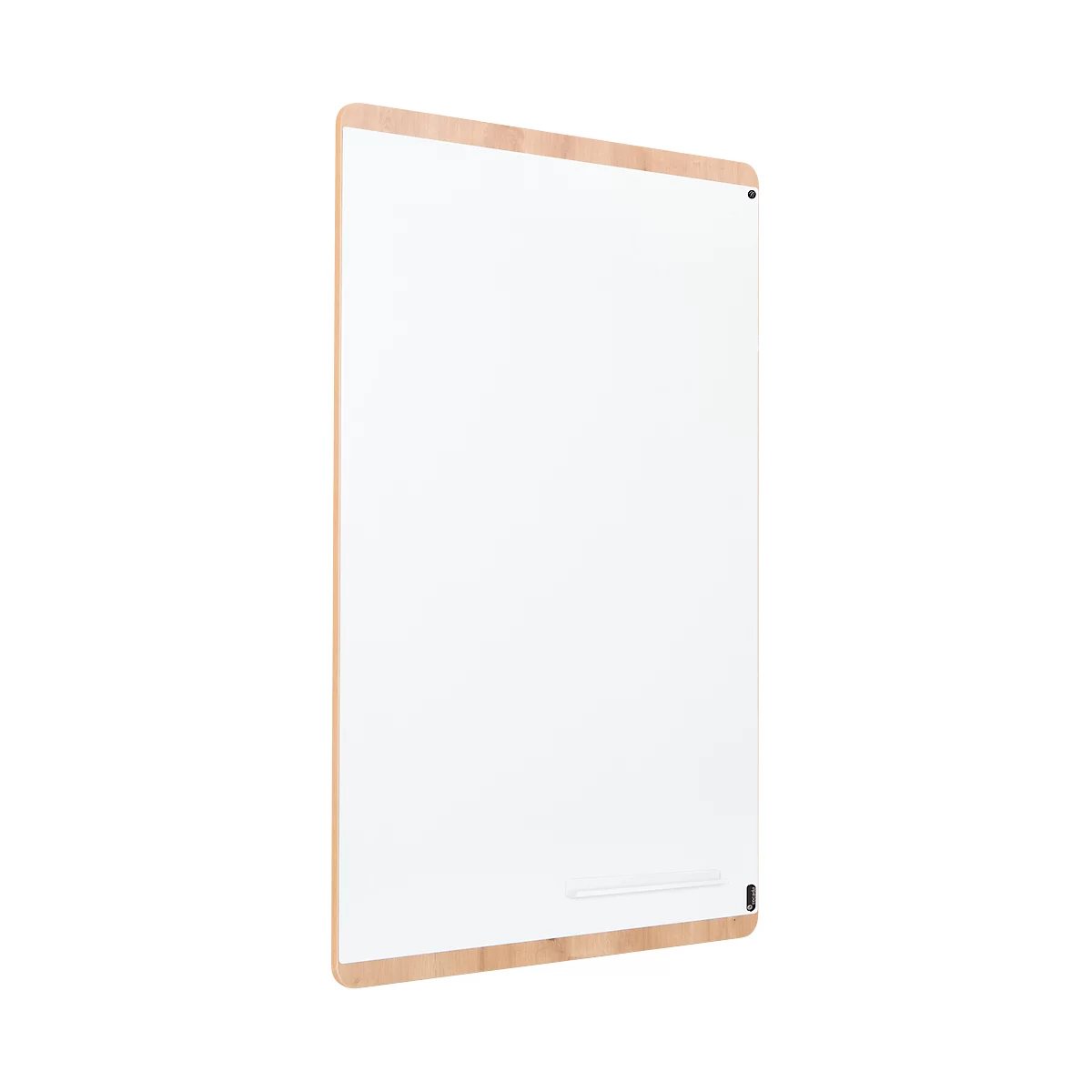 A white whiteboard with a wooden frame, photographed slightly from the side.