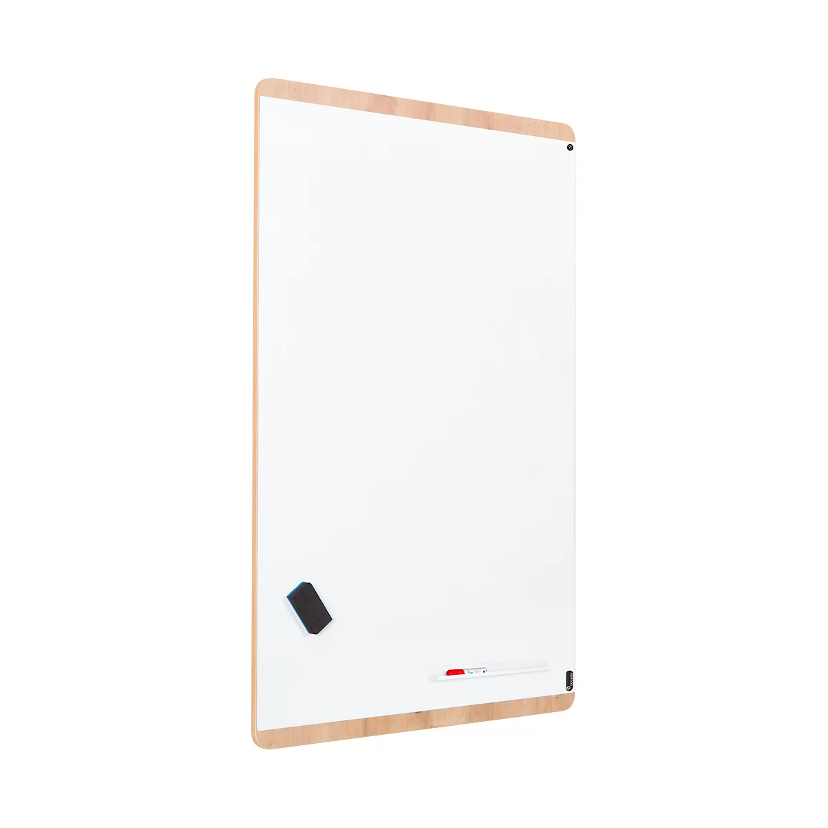 White whiteboard with wooden frame. A red pen and a sponge at the bottom right.