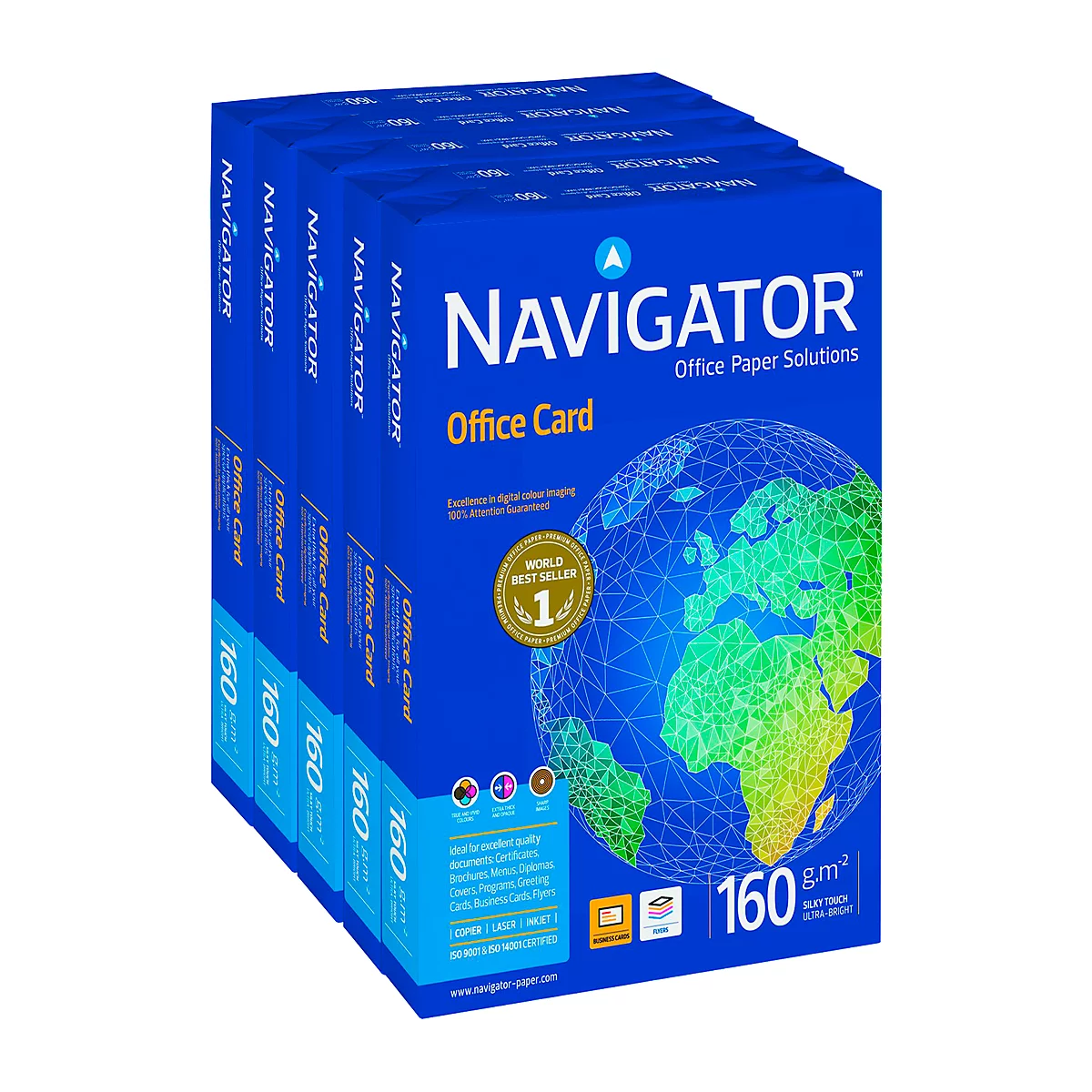 Blauer Karton mit weißer Aufschrift NAVIGATOR Office Card. Darunter eine Weltkarte, rechts davon die Angabe 160 g/m².