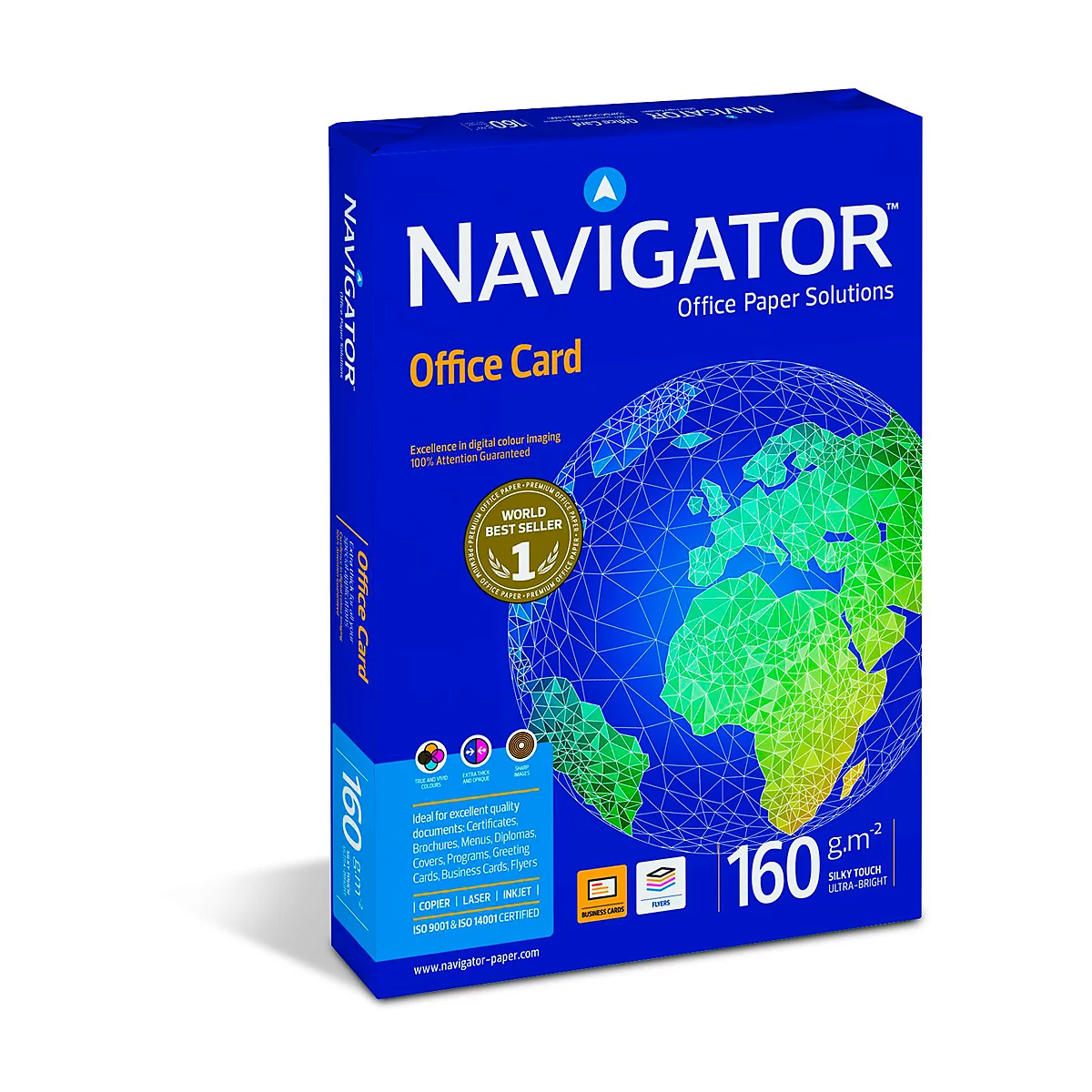 Eine blaue Papierverpackung mit dem Navigator-Logo und einer Weltkarte. Auf der Packung steht Office Card und 160 g/m².