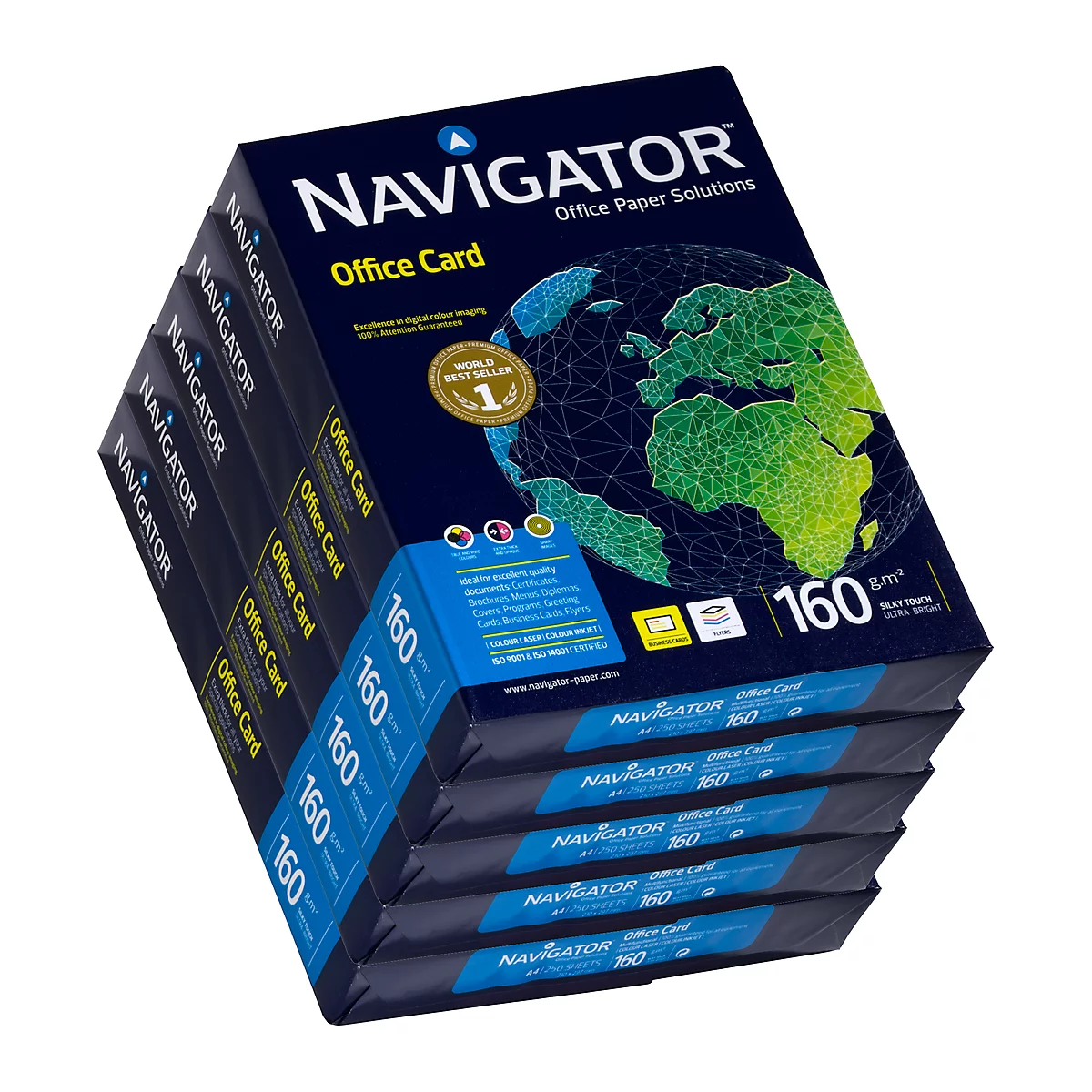 Ein Stapel Navigator Office Card Papier, dunkelblau, mit Weltkugel-Grafik und Produktinformationen.