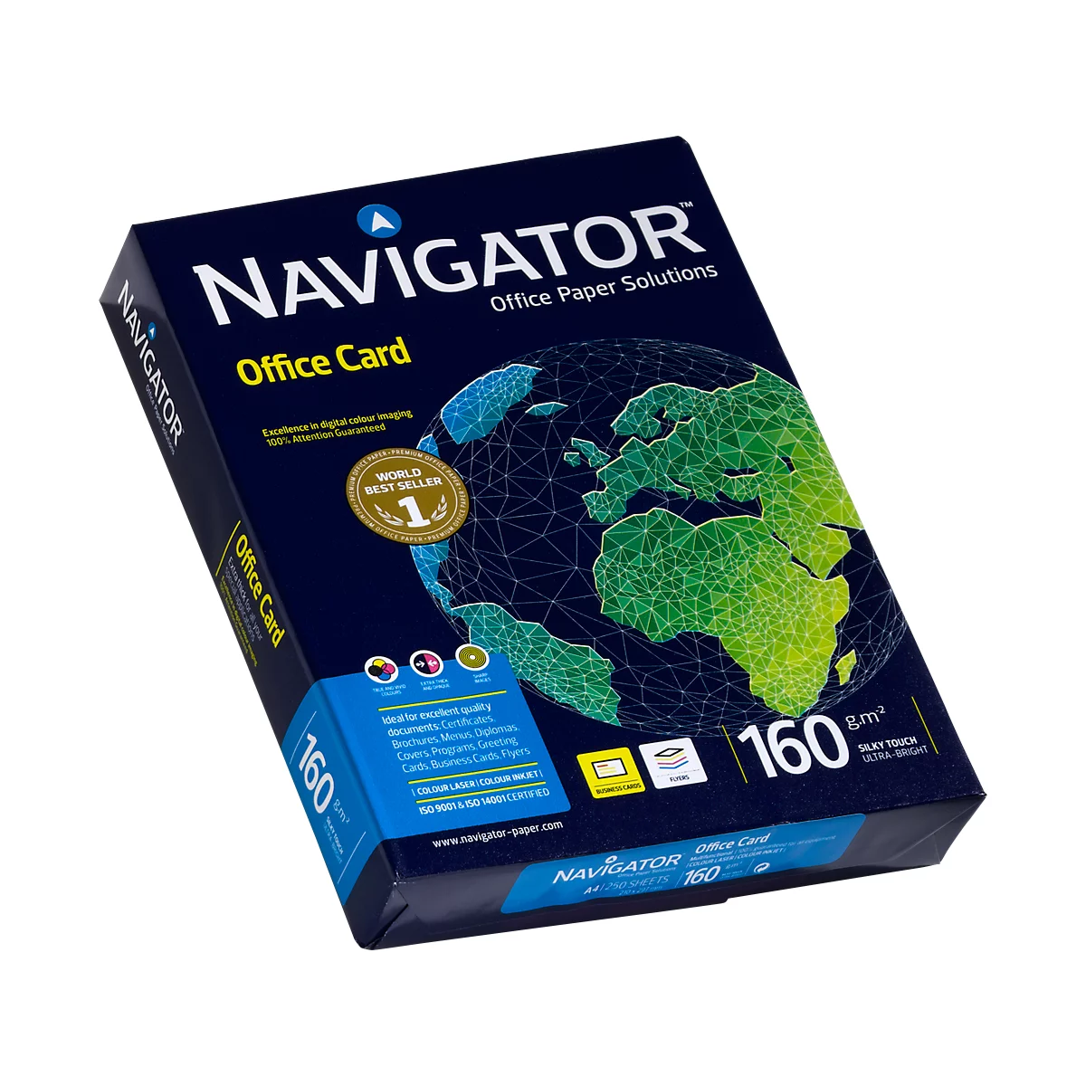 Eine dunkelblaue Schachtel mit Papier. Oben steht in Weiß 'NAVIGATOR Office Paper Solutions'. Auf der Schachtel ein Globus und die Aufschrift 'Office Card'.