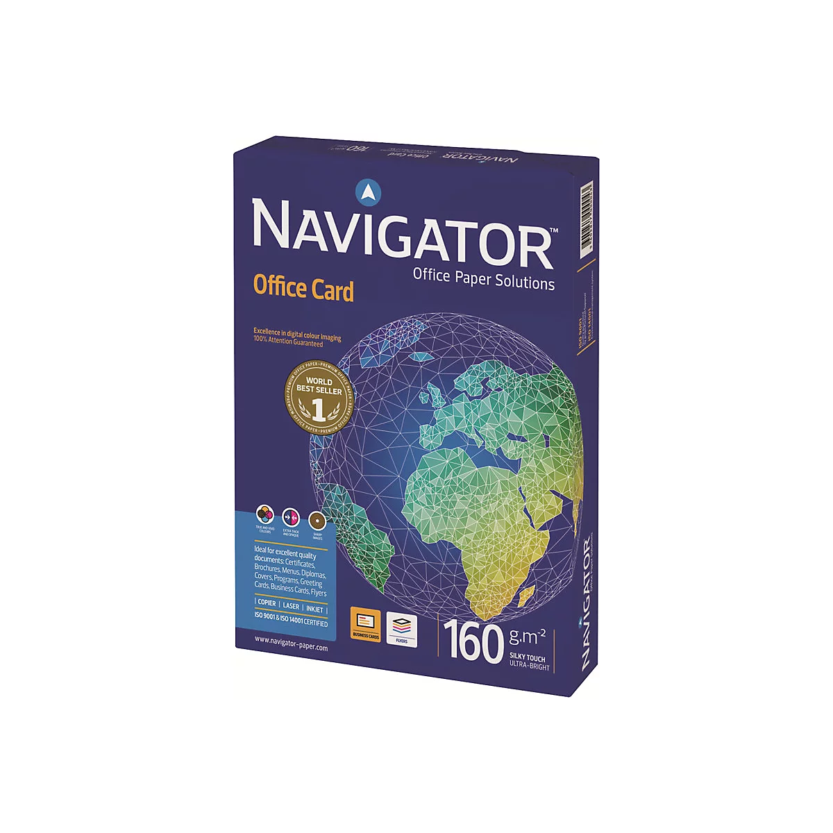 Papierverpackung von Navigator Office Card, 160 g pro Quadratmeter, mit grafischem Erdkugel-Design auf violettem Grund.