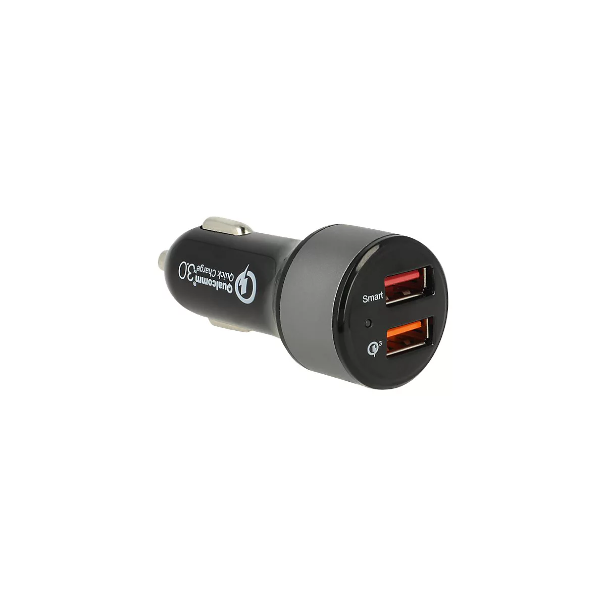 Schwarzes Auto-Ladegerät mit zwei USB-Anschlüssen, Qualcomm Quick Charge 3.0 Logo und Smart-Label.