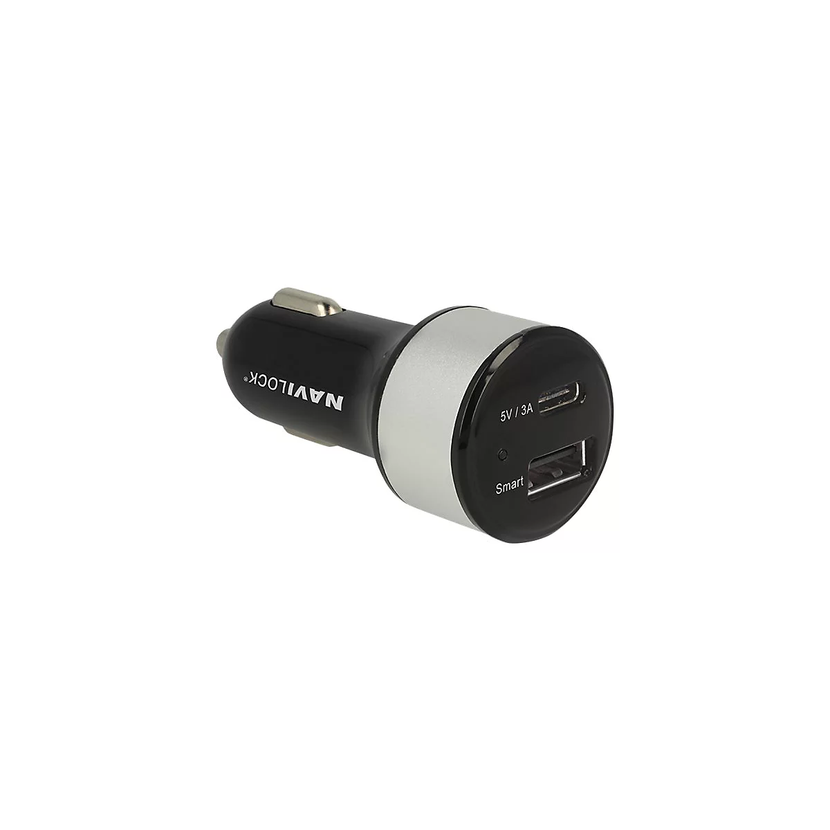 Schwarzes Navilock Kfz-Ladegerät mit silbernem Ring, USB-C und USB-A Anschlüssen vor weißem Hintergrund.