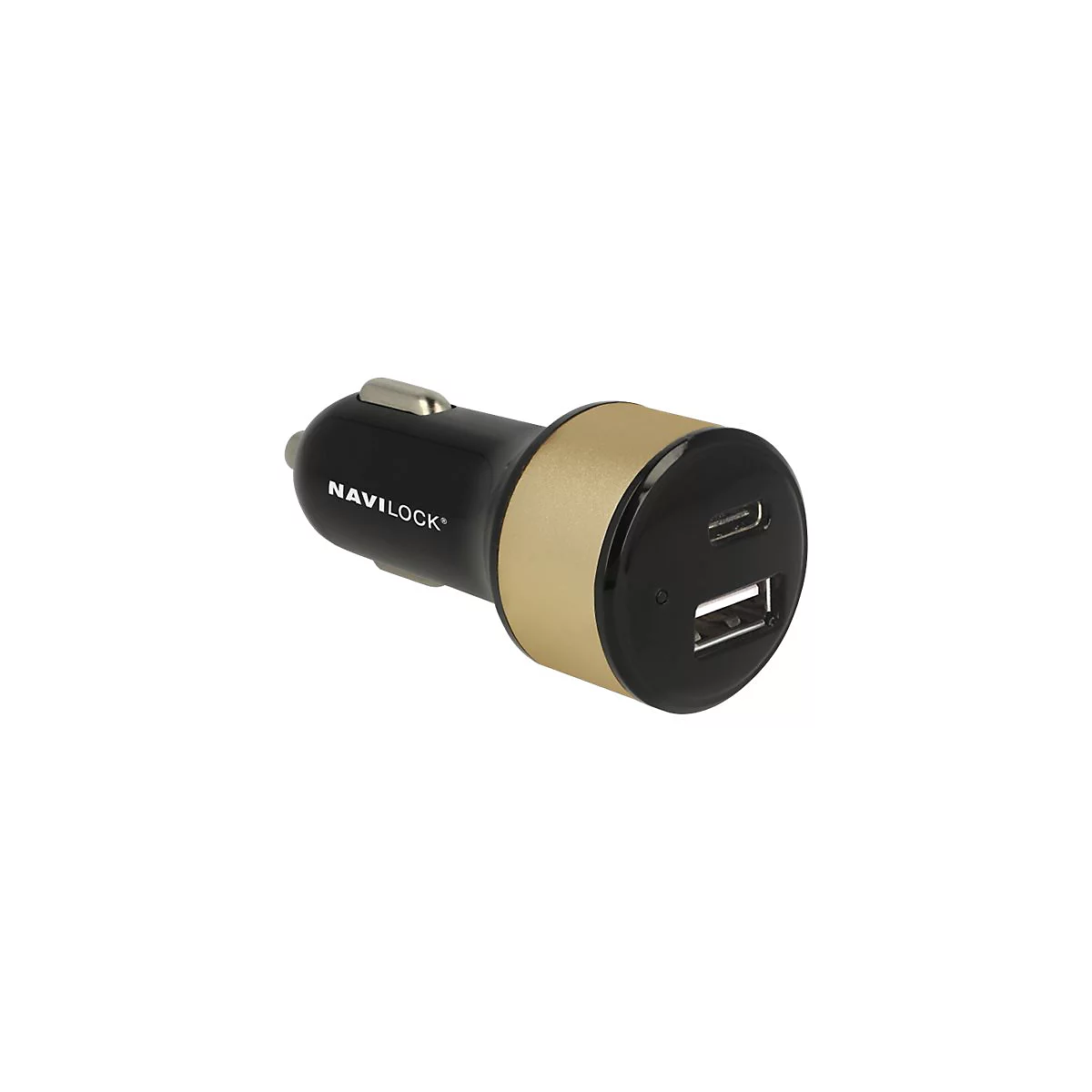 Schwarzes KFZ-Ladegerät von Navilock mit goldenem Ring, USB-C und USB-A Anschluss vor weißem Hintergrund.