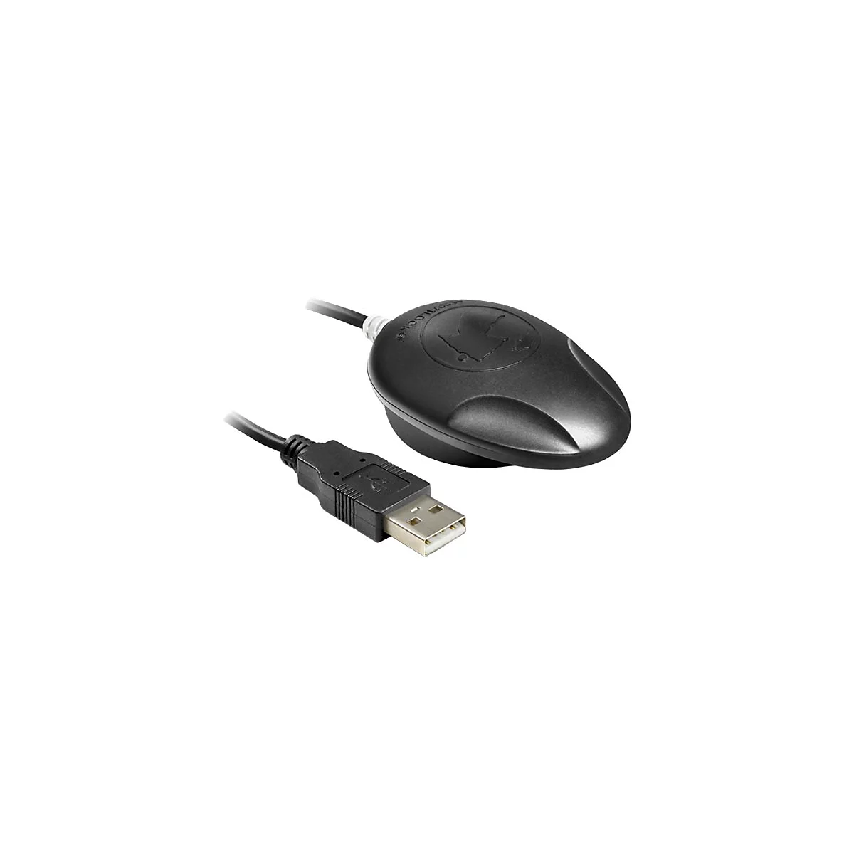 Schwarzer GPS-Empfänger mit USB-Kabel. Der Empfänger hat eine ovale Form und ein Logo. Der USB-Stecker ist sichtbar.